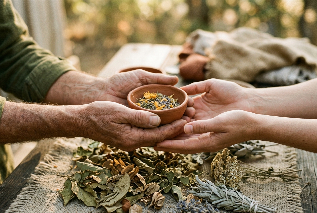 Two pairs of hands cradling a clay bowl of herbs over dried botanicals