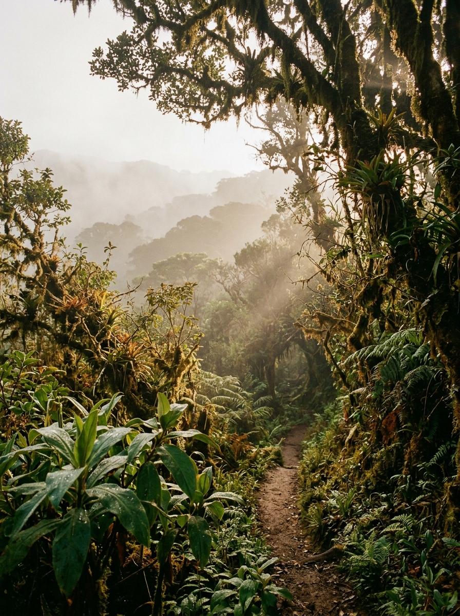 Misty Andean cloud forest at dawn, sunlight through moss-draped trees