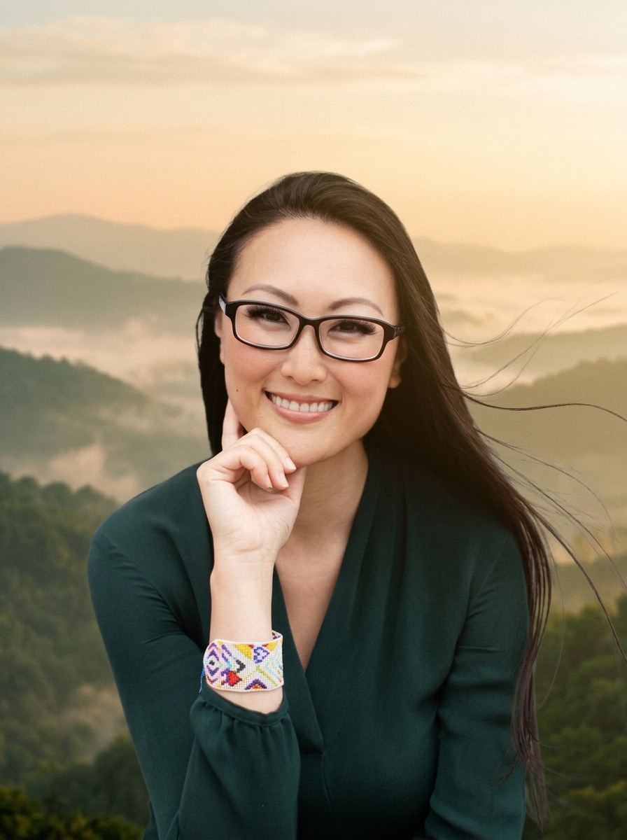 Rev. Jemie Sae Koo, smiling, with a cloud-forest sunrise behind her
